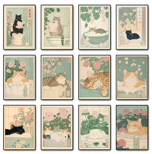 Japanese Cat Wall Art Retro Bathtub Cat Poster For Japandi Bathroom Decor 10 20x30cm Unframed