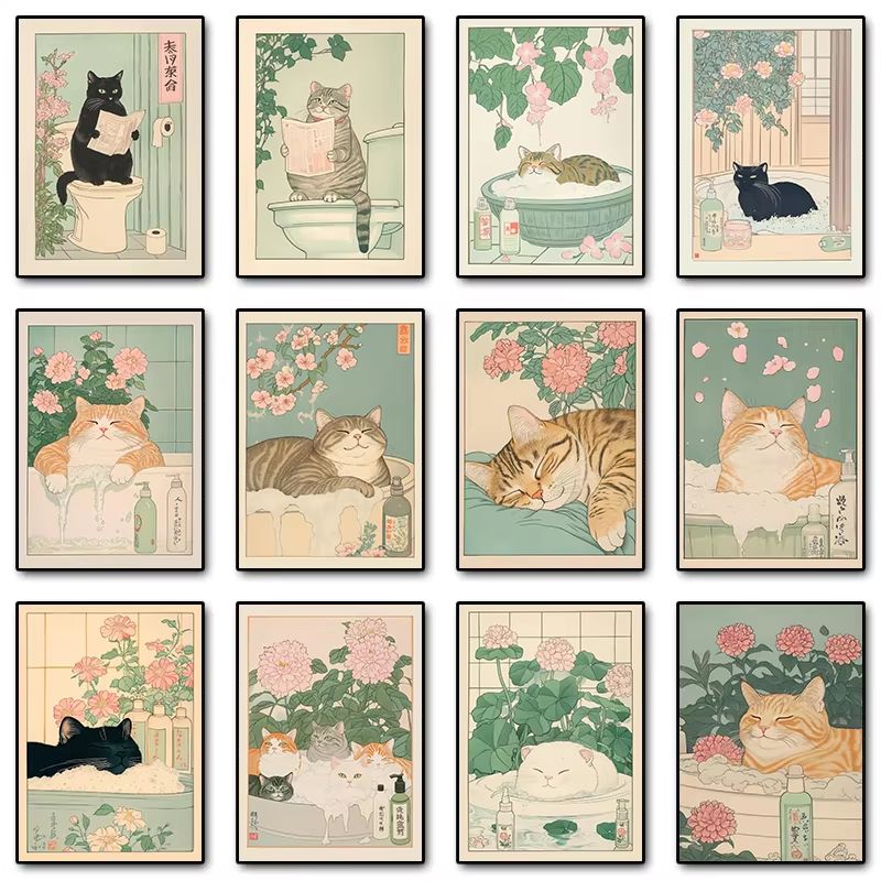Japandi Cat Bathtub Canvas Wall Art Retro Japanese Aesthetic Poster mint Soak 19.69x27.56in Unframed