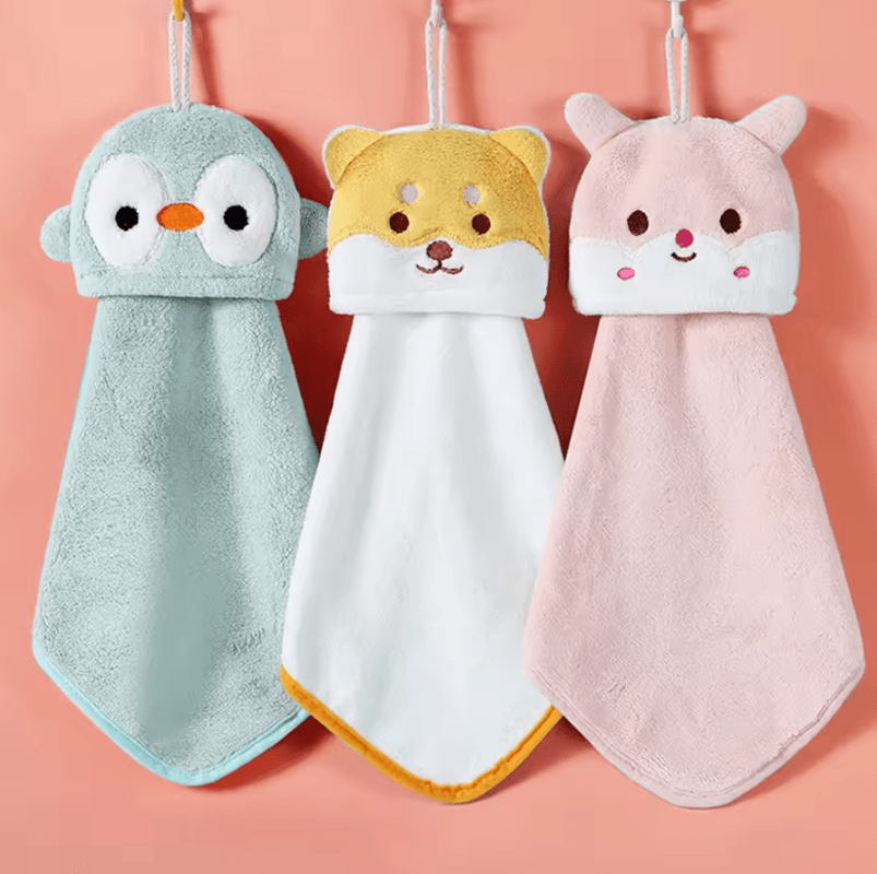 Cute Cartoon Animal Coral Fleece Hand Towel Soft Hanging Quick Dry Towel blue