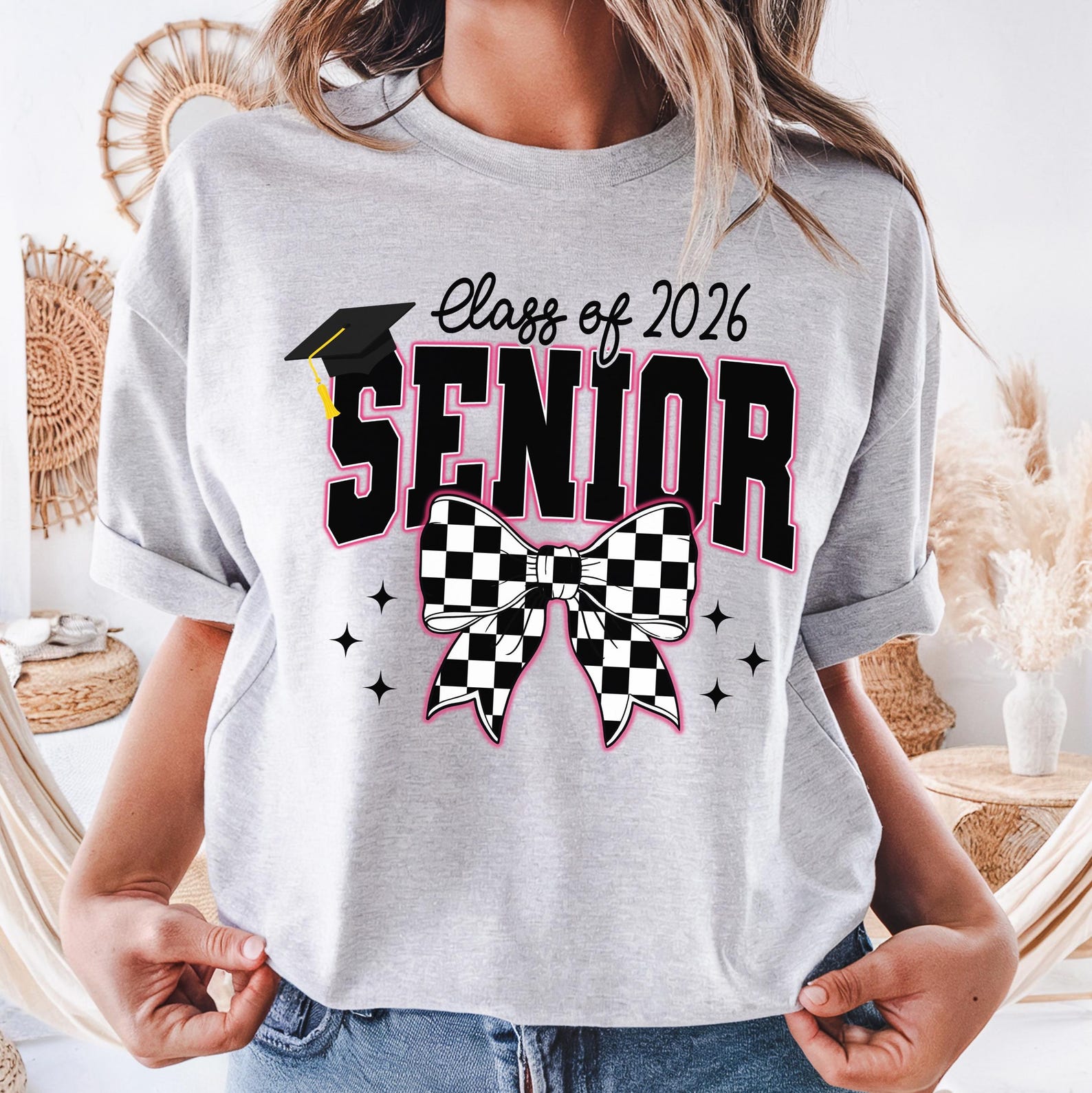 Class Of 2026 Senior Shirt Checkered Bow Graphic Tee Trendy Graduation T Shirt Casual Womens Top black m sweatshirt