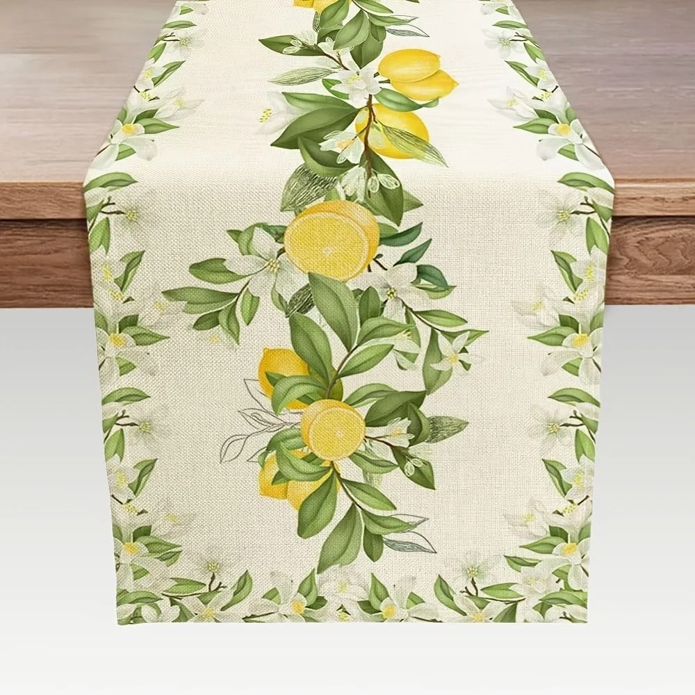 Lemon Floral Linen Table Runner Summer Farmhouse Dining Decor 200x33cm 78.7x13in