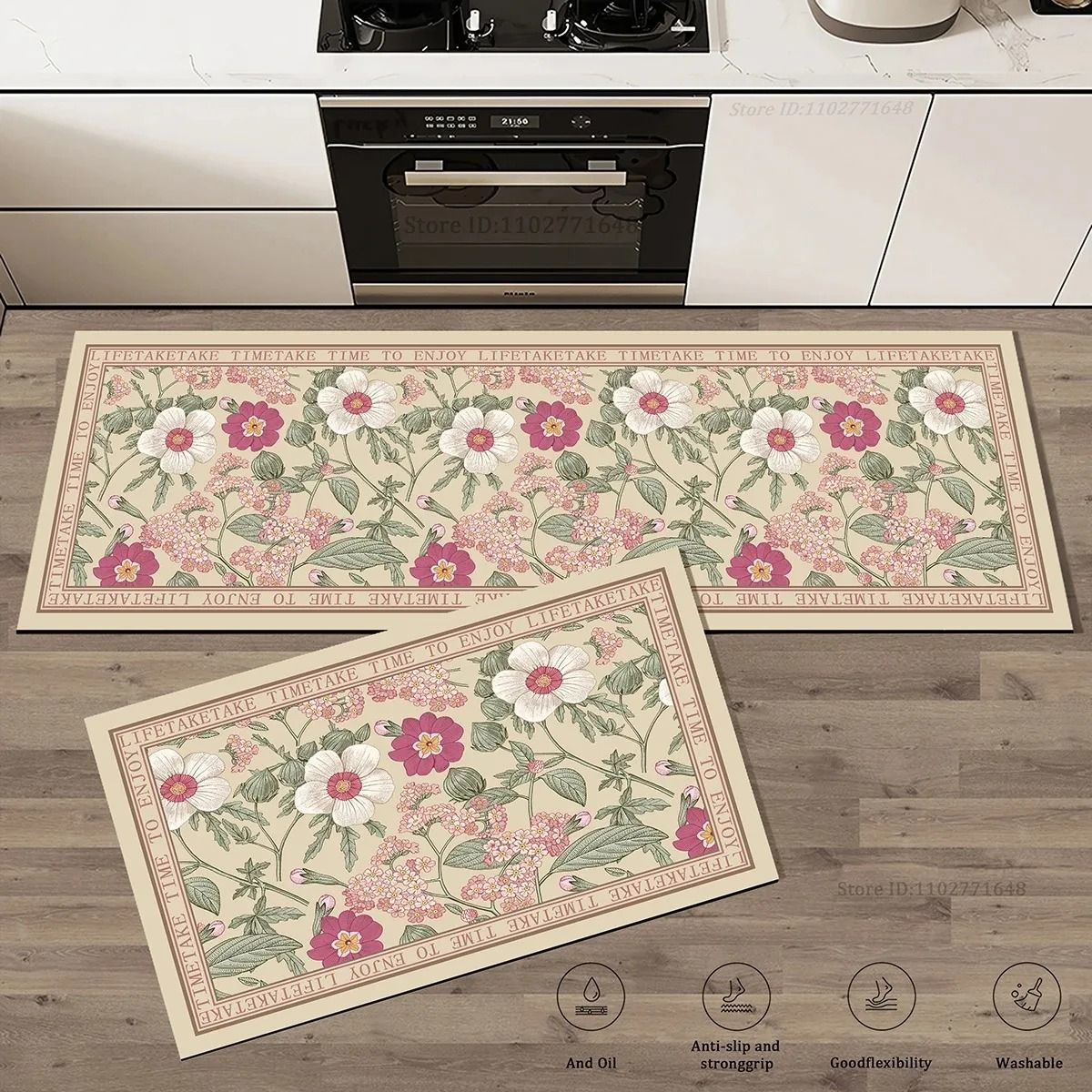 Floral Non Slip Kitchen Rug Absorbent Anti Fatigue Floor Mat f 50x160 Cm one Piece