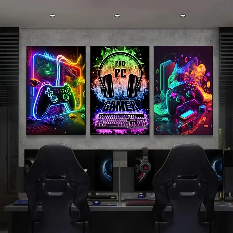 Cyberpunk Gamepad Canvas Wall Art Set 3pcs Gaming Room Decor Posters For Boys & Gamers neon Gaming Console Glow 7.87x11.81in Unframed