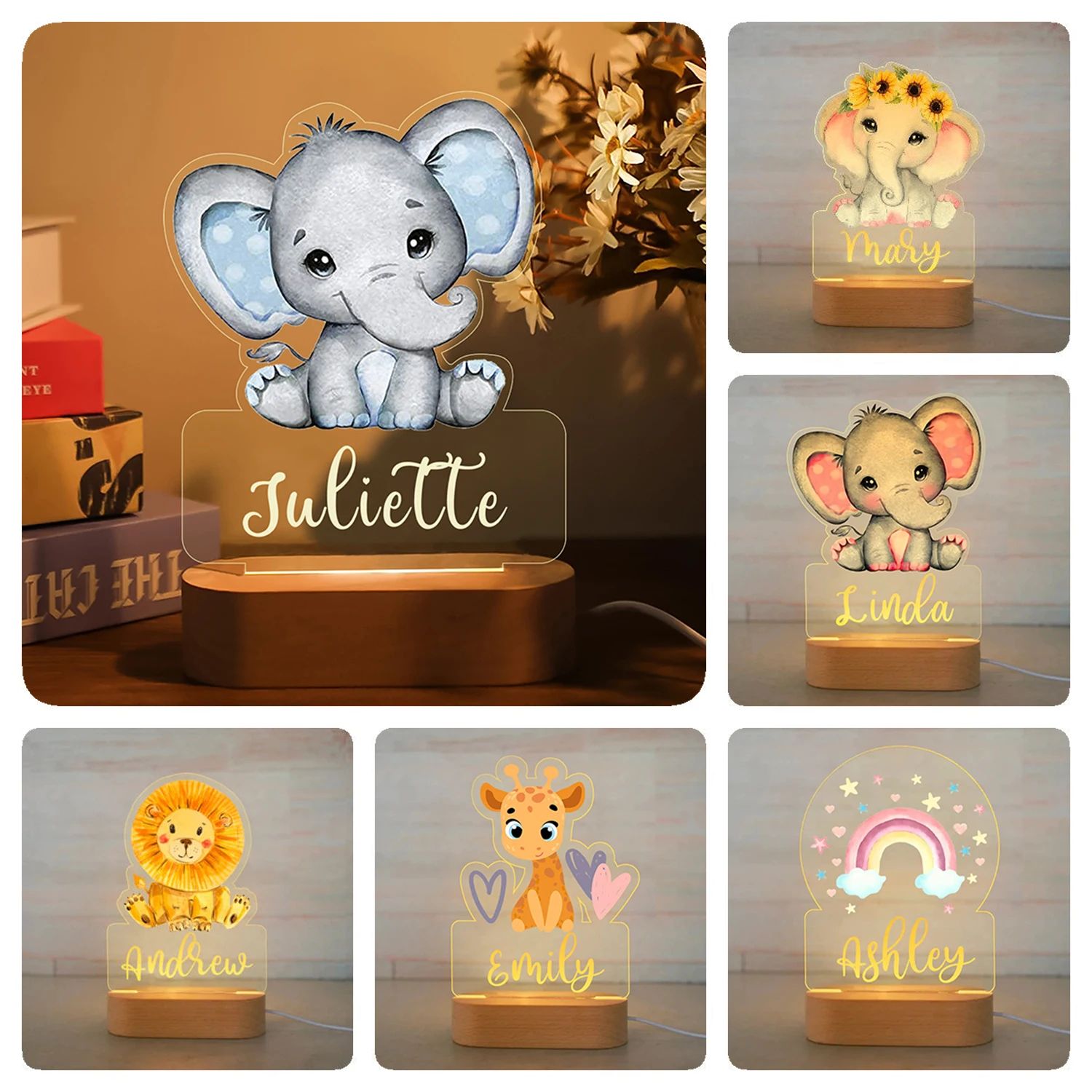 Personalized Kids Night Light Custom Name Animal Acrylic Lamp 6 warm Light