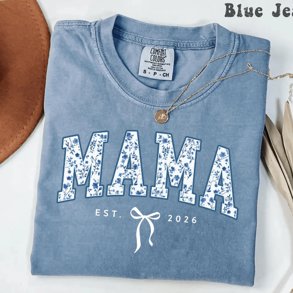 Personalized Mama Shirt Comfort Colors Blue Toile Floral Est Year Coquette Mom Tee Gift maroon xl t Shirt