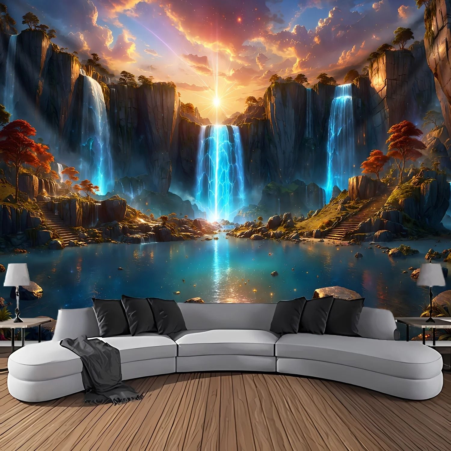 Waterfall Canyon Landscape Tapestry | Ultra Large Nature Wall Hanging | Professional Executive Home & Office Mural 260102024 gt lf 180 X 280 Cm 71 X 110 In