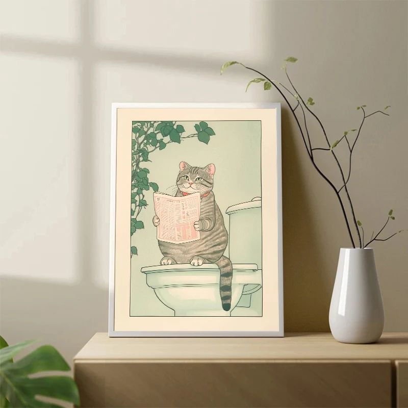 Japanese Tabby Cat Bathtub Canvas Wall Art Japandi Retro Aesthetic Bathroom Poster 10 15.7 23.6 In Unframed