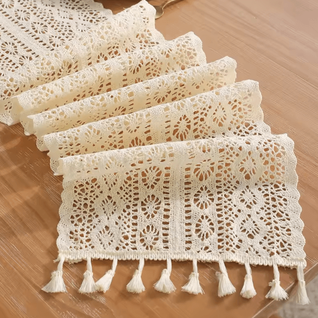 Boho Macrame Beige Table Runner With Tassels Vintage Farmhouse Crochet Table Decor a 24x160cm