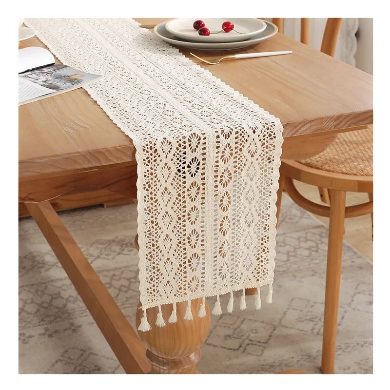 Boho Beige Macrame Table Runner Vintage Farmhouse Crochet Table Decor c 24x100 Cm