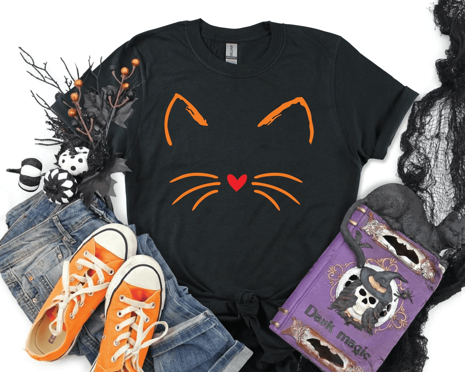 Cute Cat Halloween Shirt Funny Black Cat Spooky Graphic Tee Halloween Gift For Cat Lovers green 2xl sweatshirt