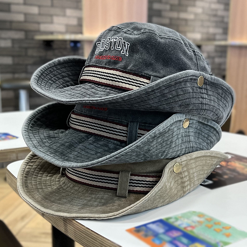 Mens Wide Brim Bucket Hat UV Protection Washed Cotton Outdoor Safari Sun Hat khaki