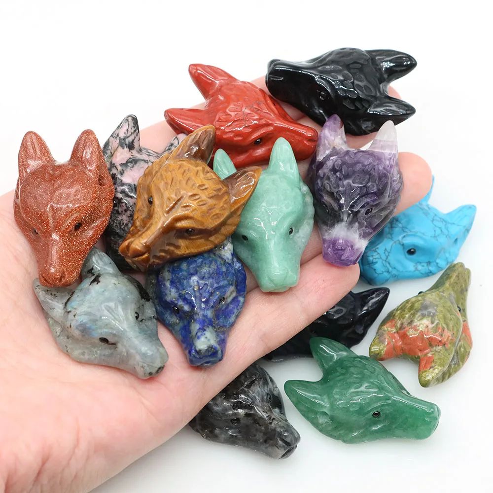 Hand Carved Wolf Head Crystal Pendant Natural Stone Animal Necklace Charm 20 10pcs