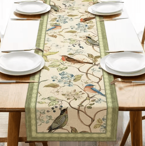 Vintage Floral Bird Linen Table Runner Farmhouse Summer Garden Dining Decor 2 200x33cm 78.7x13inch