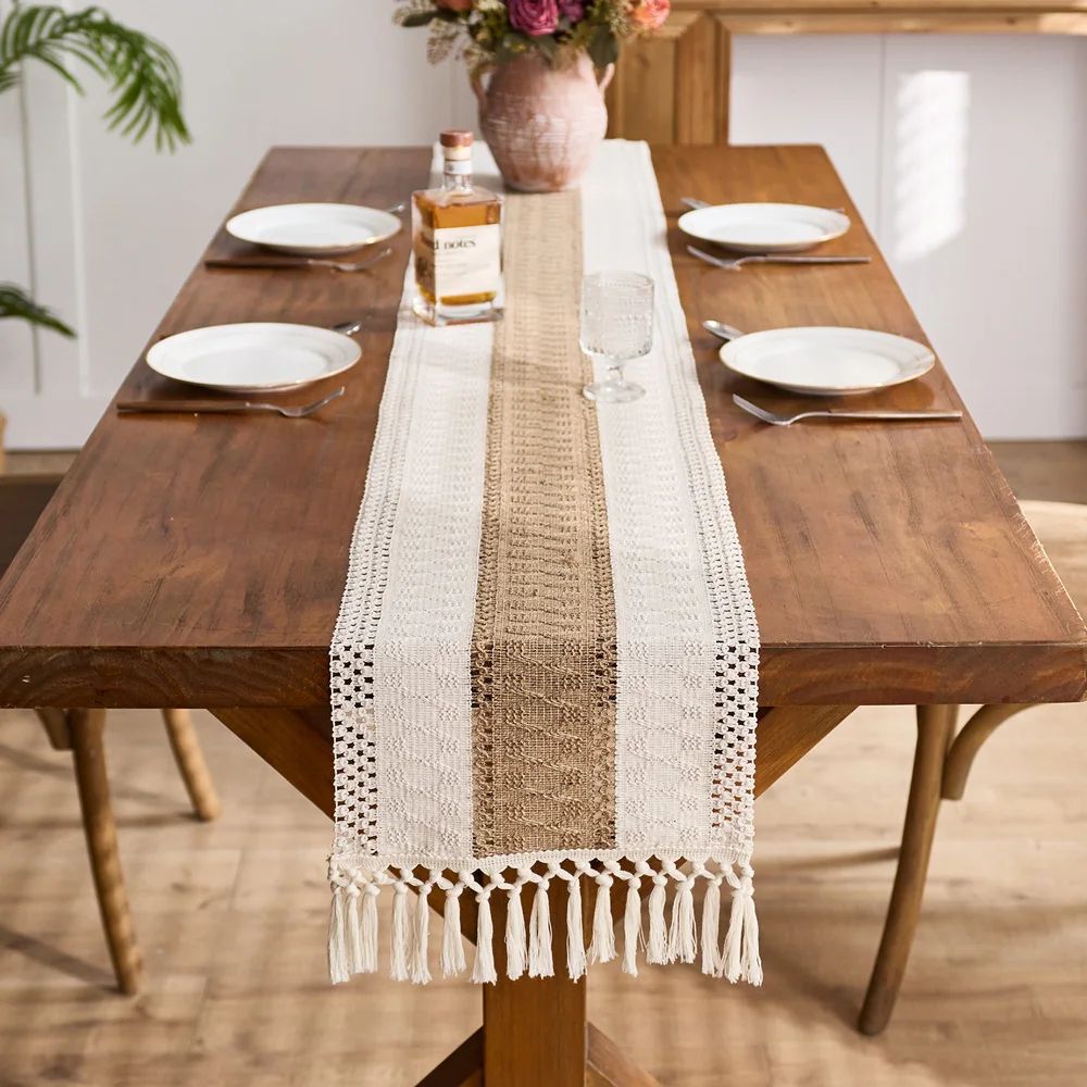 Boho Macrame Table Runner With Tassels Cream & Brown Farmhouse Dining Decor grey With Tassel 11.8 86.6 In
