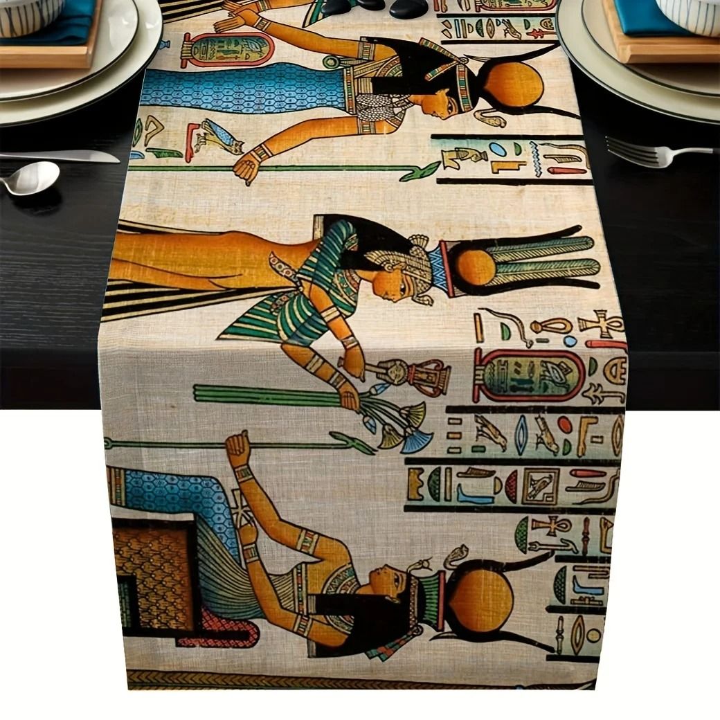 Ancient Egyptian Linen Table Runner Boho Farmhouse Dining Decor 180x33cm 70.8x13in