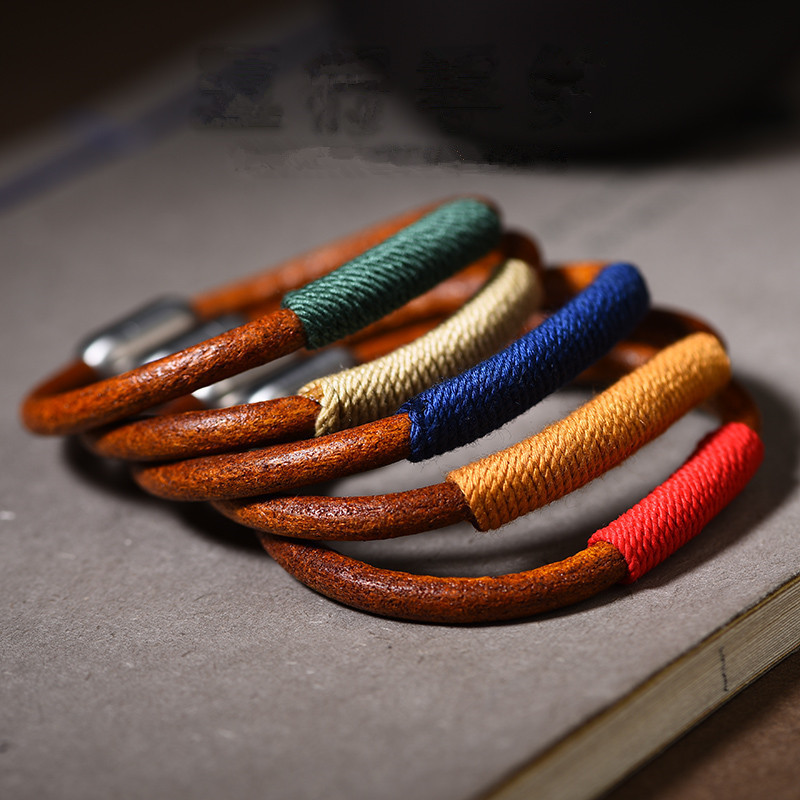 Handwoven Leather Rope Bracelet Vintage Boho Couple Wristband Adjustable Cowhide Bracelet blue