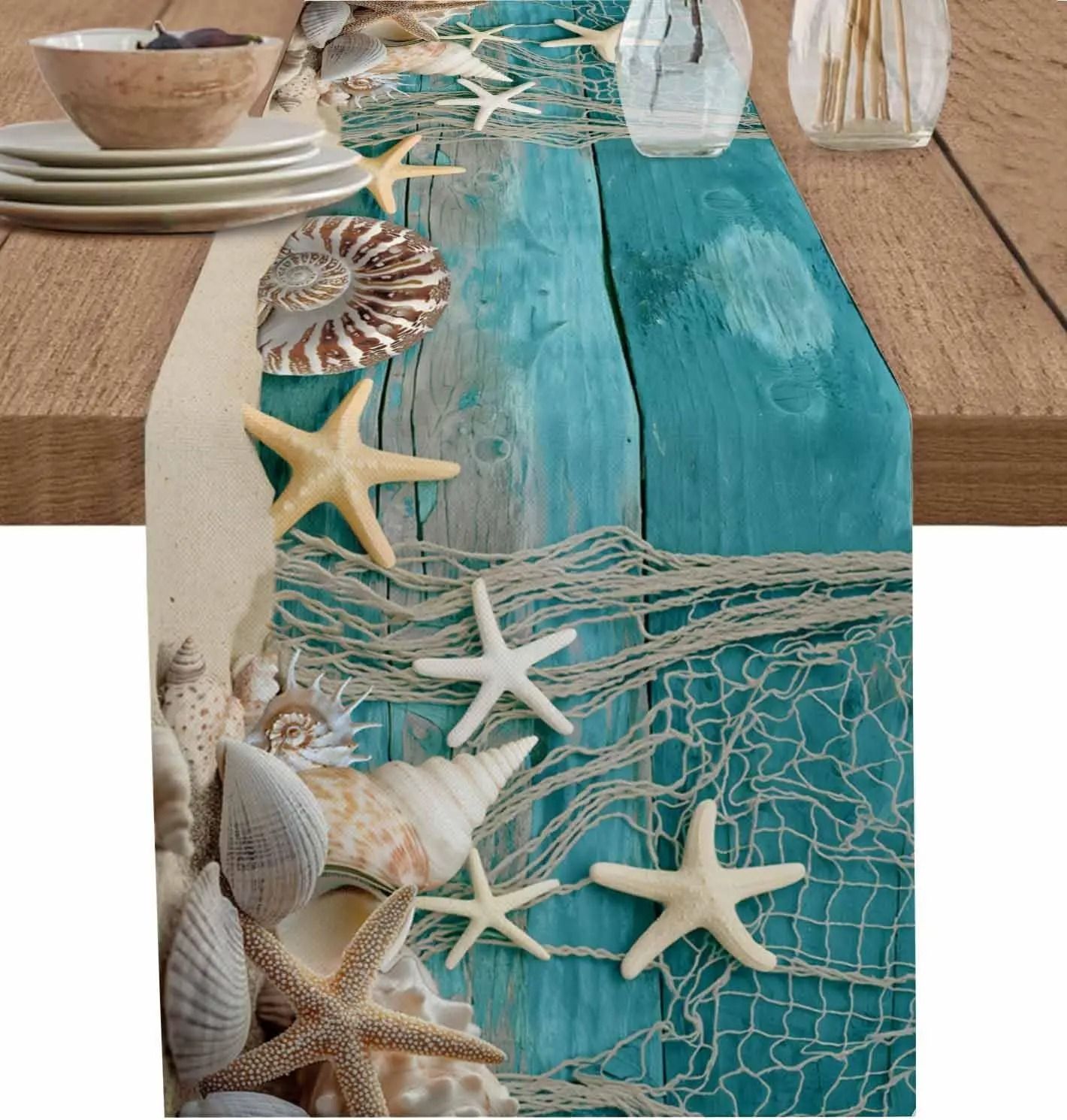 Ocean Beach Starfish Table Runner | Blue Wood Grain Linen Decor | Nautical Shell Runner For Summer Parties 200 X 33 Cm 78.7 X 13 In