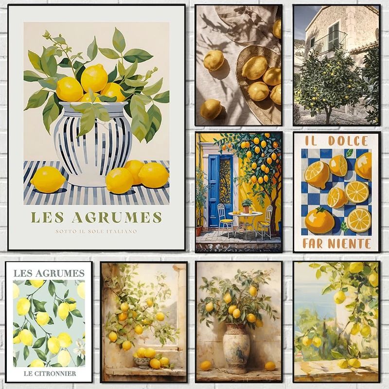 Retro Lemon Garden Canvas Art Fresh Citrus & Olive Tree Wall Prints For Modern Living Rooms, Offices, & Summer Home De style 14 8 X 12 In (20x30cm)
