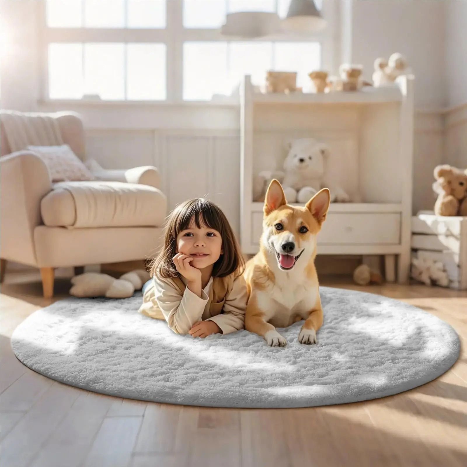 Soft Plush Circular Rug Ultra Fluffy Kids' Bedroom Play Mat & Minimalist Nursery Floor Decor white Pink 55.0 In