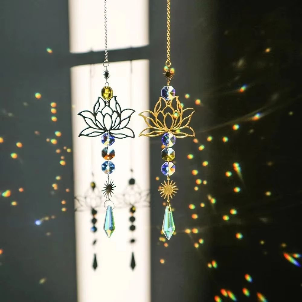 Metal Lotus Crystal Suncatcher Wind Chime Pendant Elegant Hanging Decor gold