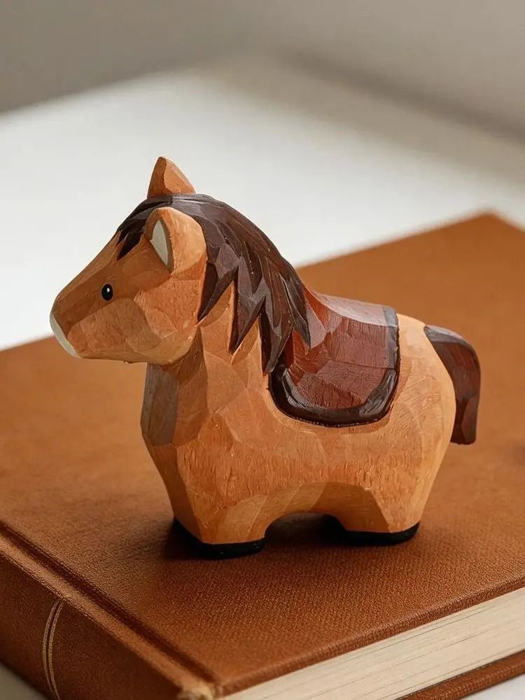 Hand Carved Wooden Horse Figurine Rustic Animal Desk Decor Ornament brown