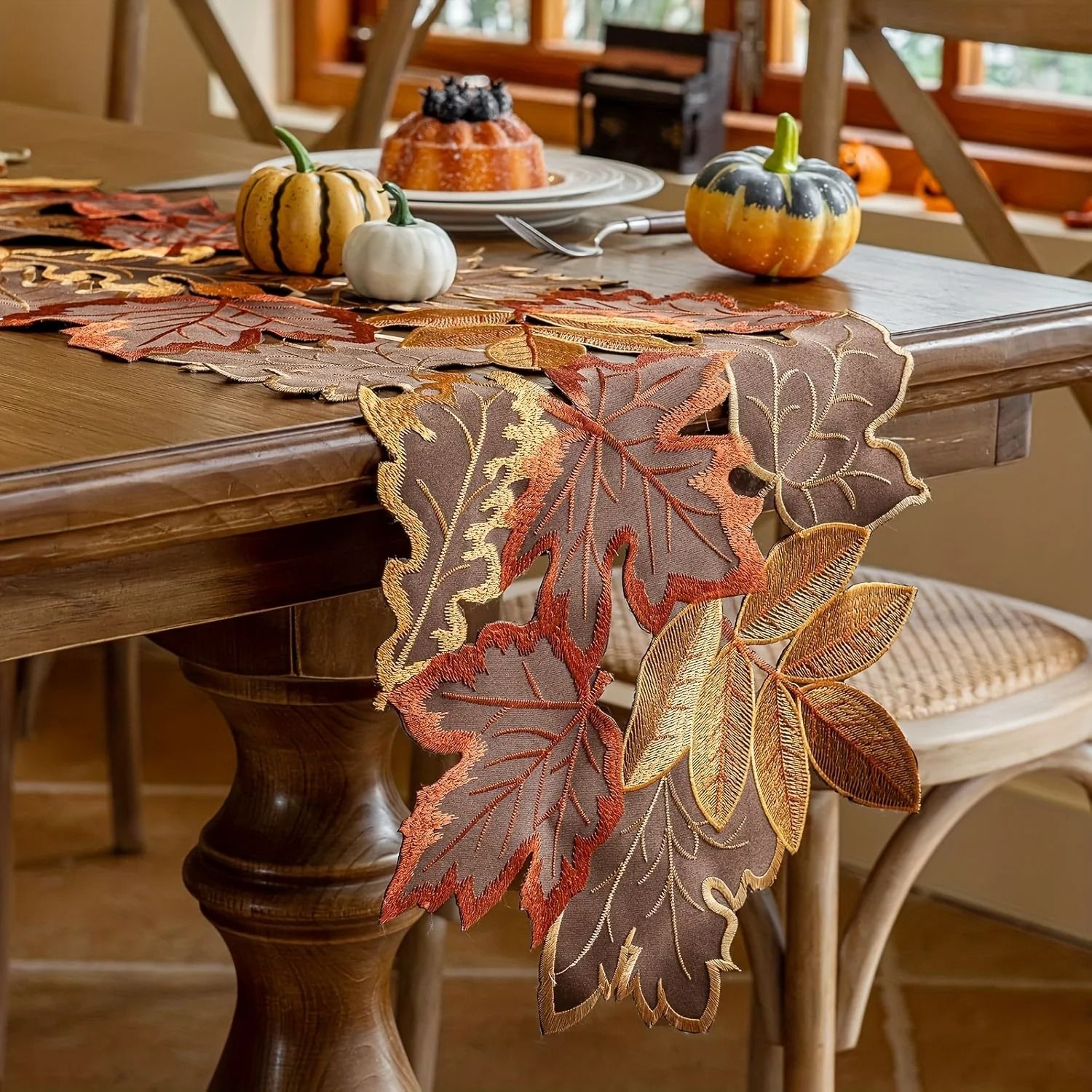 Autumn Maple Leaf Embroidered Table Runner Flocked Brown Maple Design For Rustic Farmhouse Thanksgiving & Harvest Deco 11.0 X 16.9 In (28x43 Cm)
