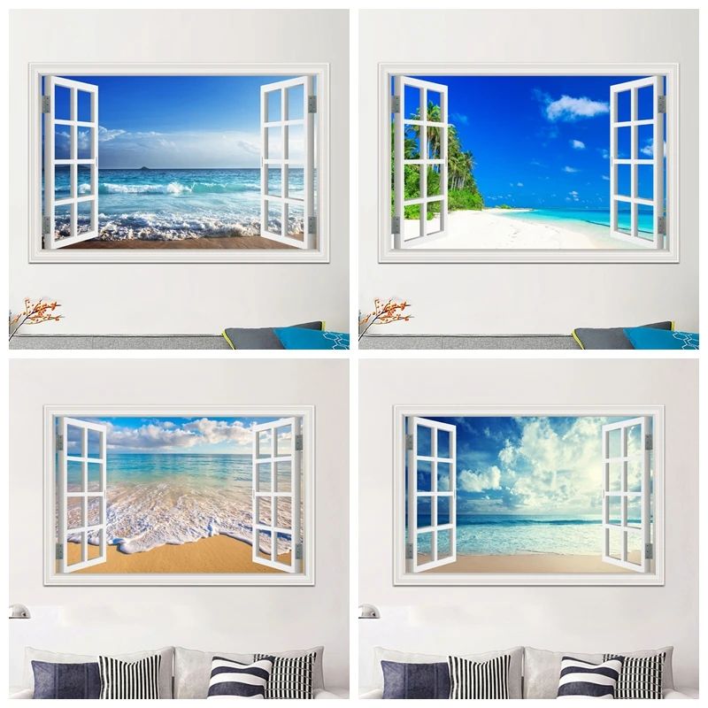3D Beach Window Wall Sticker Ocean View Room Decor 10 32x48inch