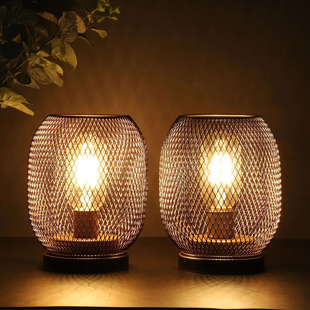 Metal Cage LED Table Lamp Cordless Lantern Decor 2pcs C