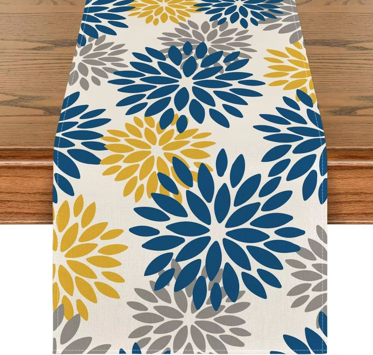 Blue Dahlia Floral Linen Table Runner Summer Spring Farmhouse Dining Decor golden Glow Petals 70.8x13inch