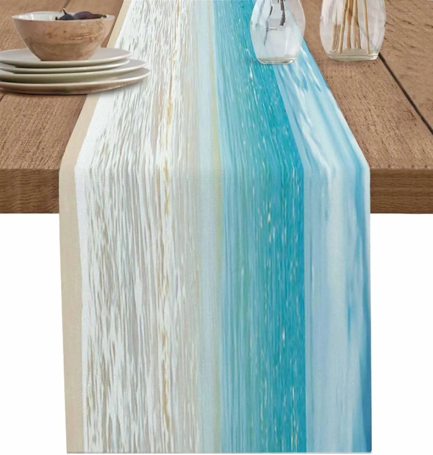Summer Ocean Beach Linen Table Runner | Coastal Sea Water Farmhouse Dresser Scarf 180 X 33 Cm 70.8 X 13 In