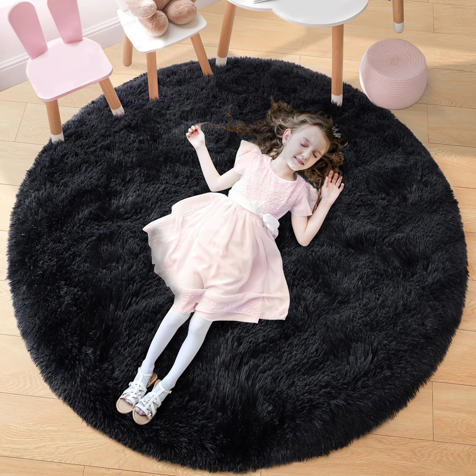 Fluffy Black Round Rug | Ultra Soft Shaggy Area Carpet white 71in