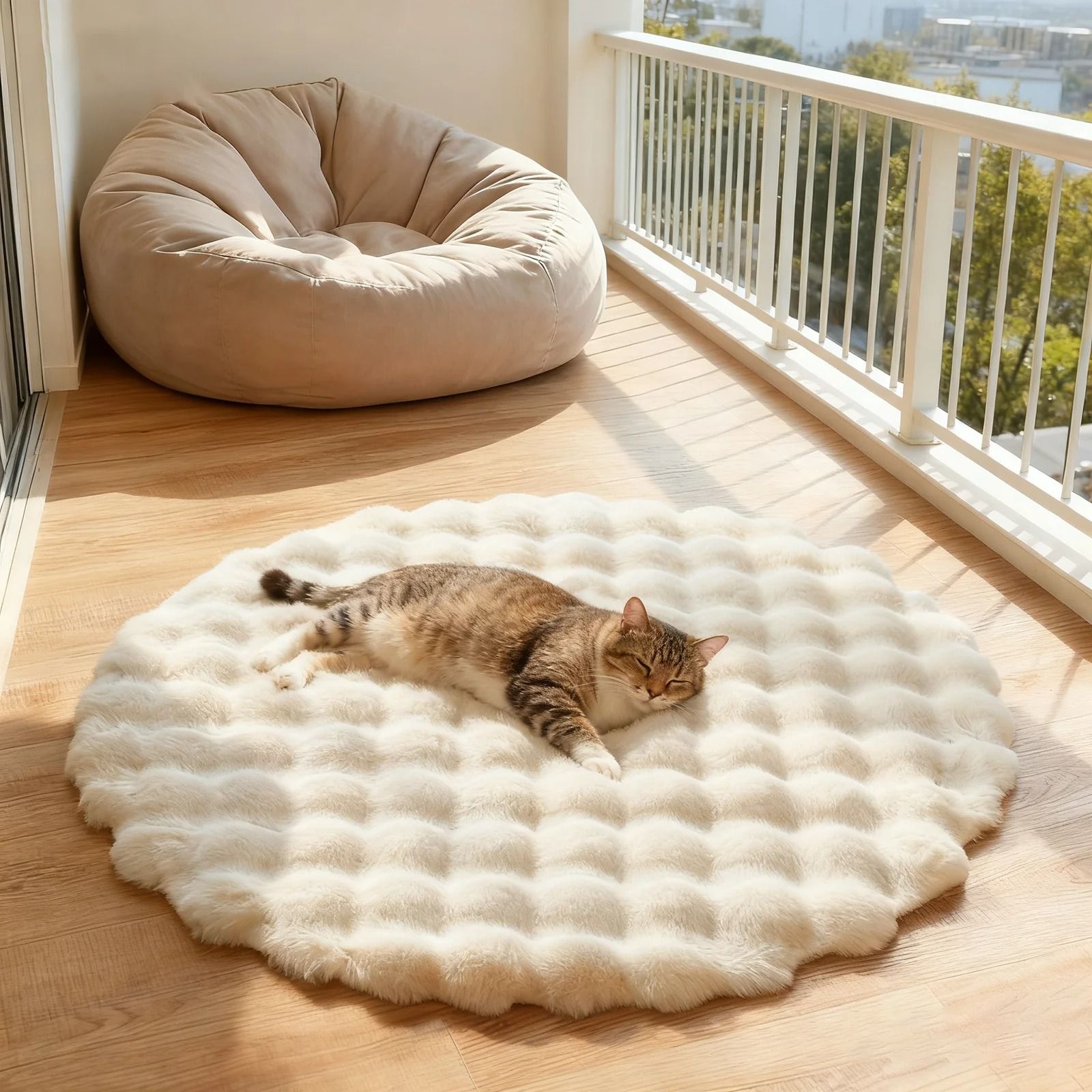 Fluffy Round Rug Faux Fur Carpet Soft Plush Kids Play Mat beige 90x90 Cm