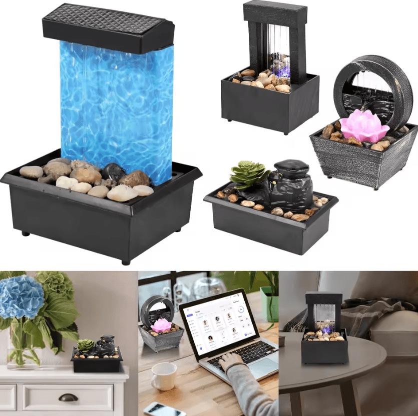 Mini Tabletop Water Fountain With LED USB Powered Zen Desktop Waterfall Decor succulents