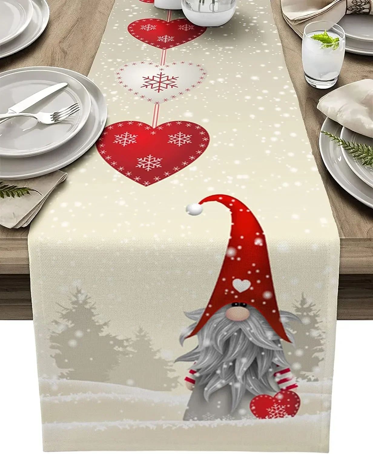 Christmas Gnome Snowflake Linen Table Runner Decor 01 180x33cm 70.8x13inch