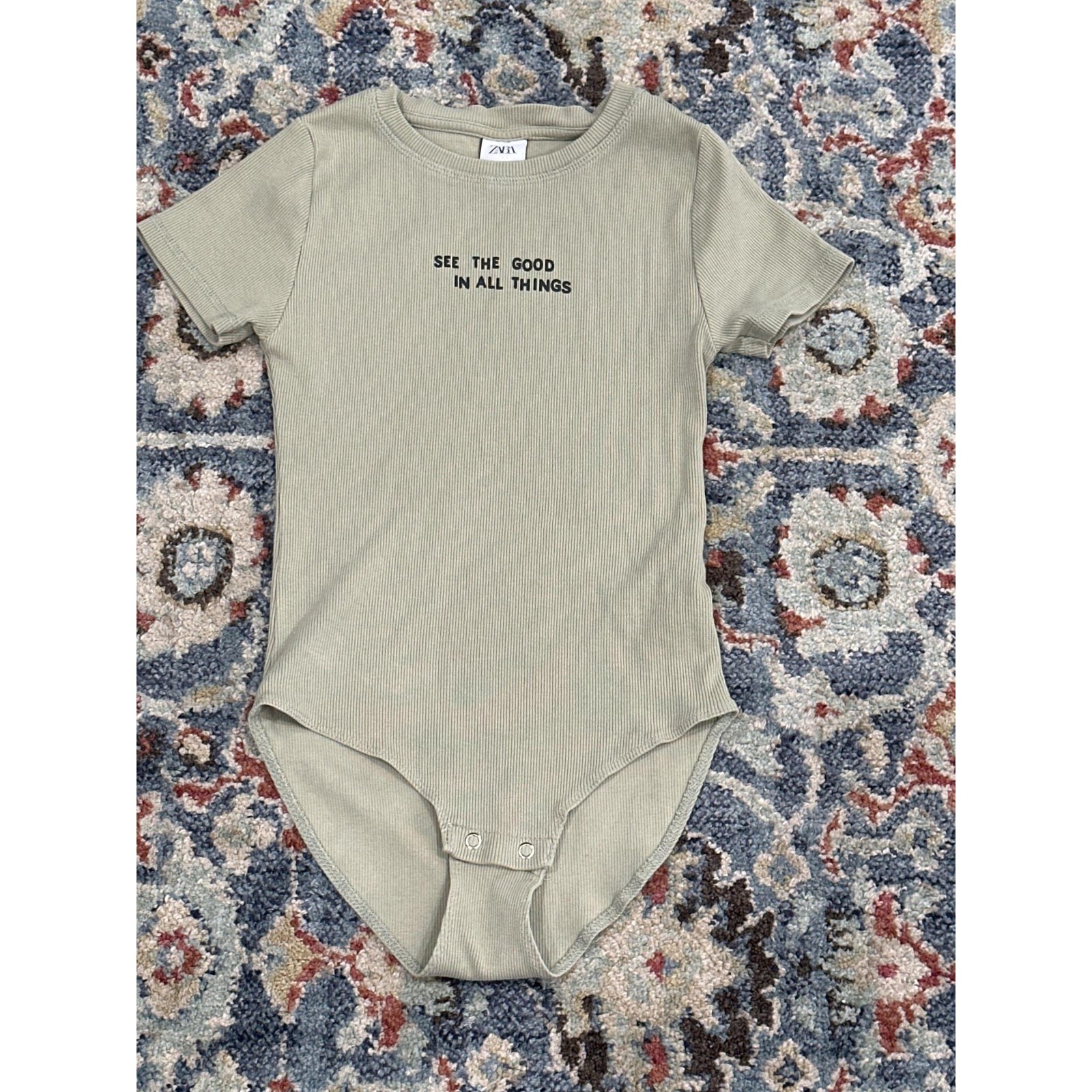 Zara Shirts & Tops | Zara Bodysuit Kids Size 10 Sage Green See The Good Ribbed Graphic Euc | Color: Green | Size: 10g