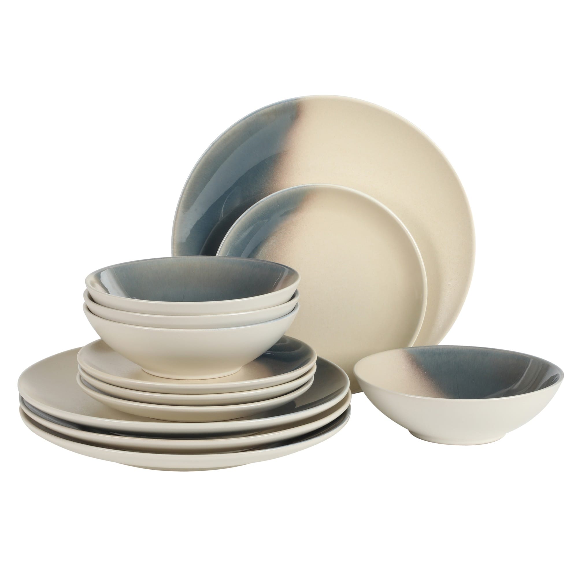 Gibson Elite Crescenton Plates and Bowls Sets, 12-Piece Stoneware Dinnerware Sets, Round Reactive Glaze Dish Set