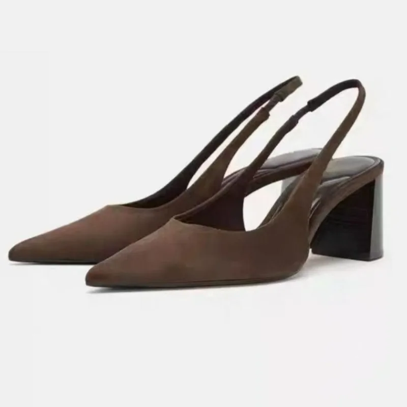 High Quality Faux Suede Slingback Pumps Women Retro Brown Pointed Toe Chunky Heel Design Sandals Elegant Commuter Office Shoes