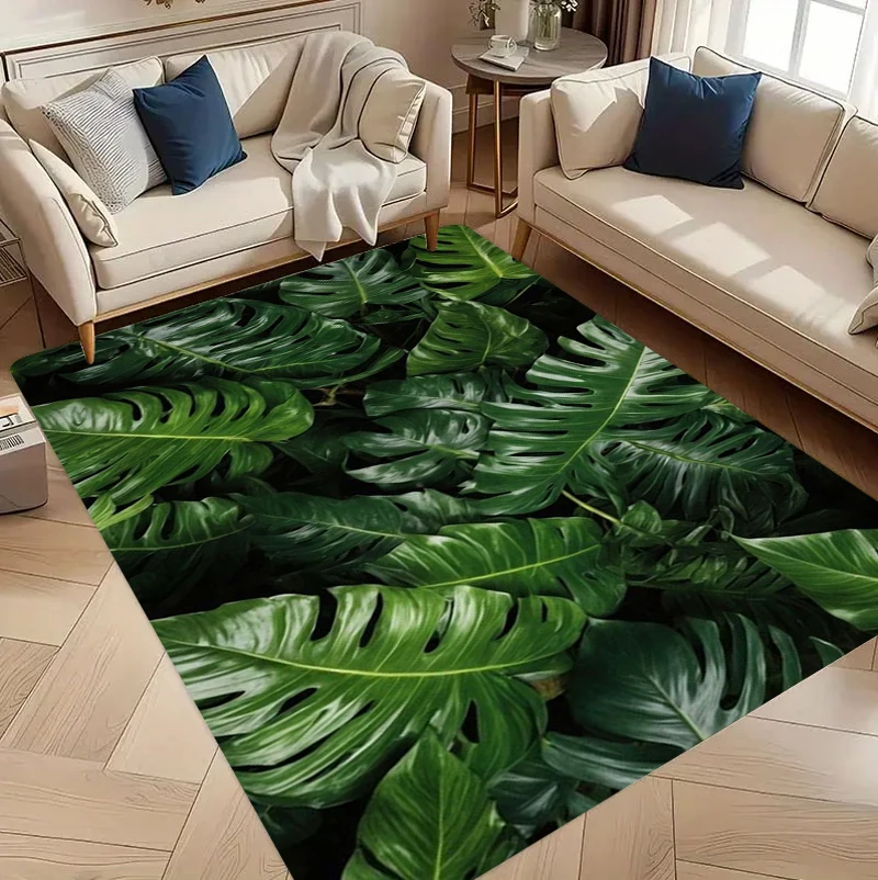 Green Monstera Leaf Area Rug Tropical Plant Themed Floor Carpet Non-Slip Washable Bathroom Doormat Living Room Kitchen Carpet