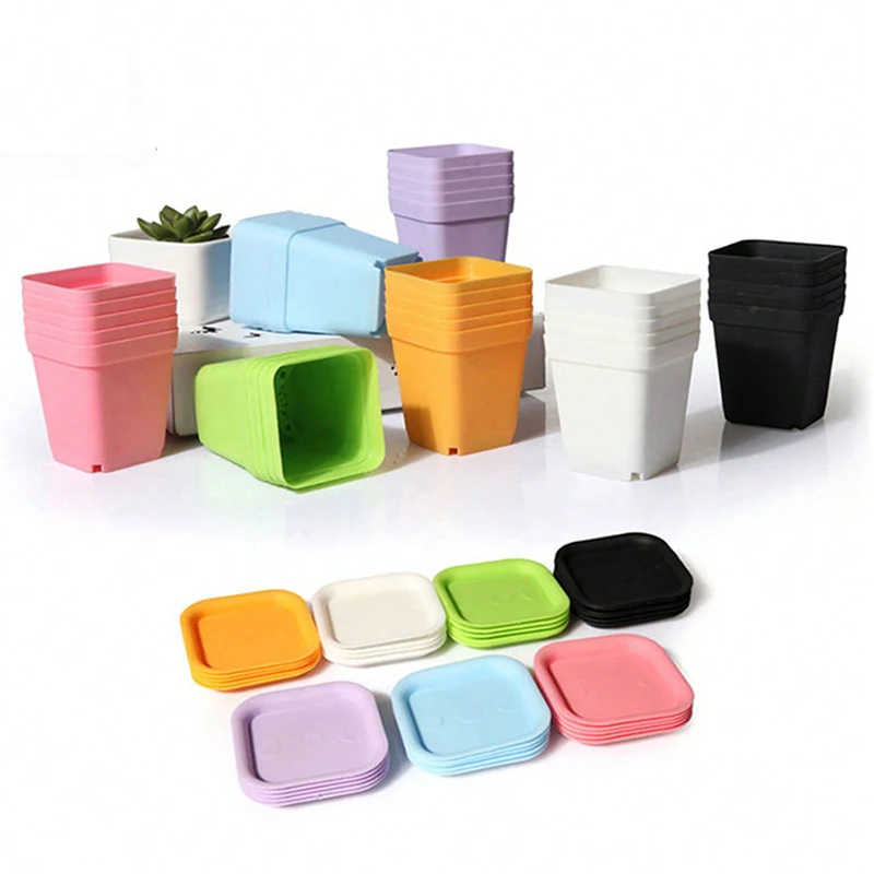 10 vasi da giardinaggio mini quadrati, sette colori, vasi per fiori, vasi per piante grasse, piccoli vasi quadrati neri in plastica, vassoi per piantine TMZ
