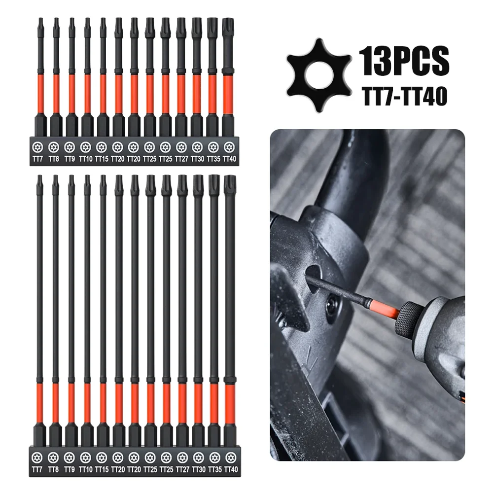 Set di 13 punte per avvitatore a impulsi Torx e Allen T7-T40 con codolo esagonale in acciaio S2, magnetiche, metriche