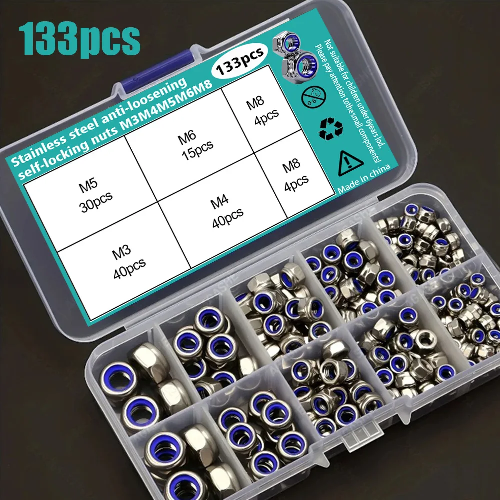 Anti-Loose- und Anti-Rutsch-Sicherungsmuttern-Set, M3 M4 M5 M6 M8, 133 Stück pro Box, verhindert das Lösen von Muttern bei Vibrationen. Image