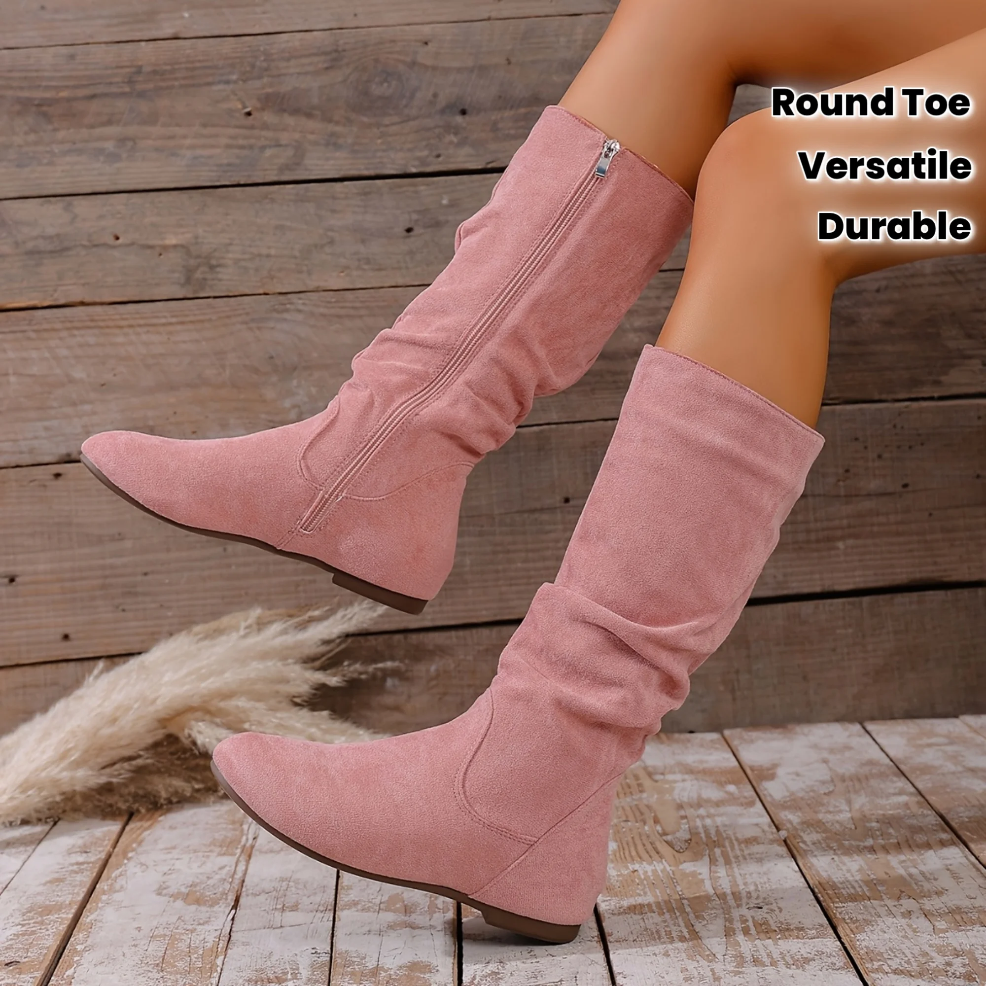 Damen-Stiefel mit hohem Absatz, runder Zehenbereich, flacher seitlicher Reißverschluss, Stiefeletten, urbaner Stil, modisch, vielseitig, lässig, Winter Image