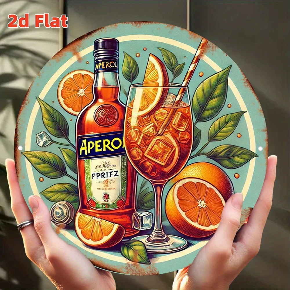 Vintage 2D Flaches Rundes Blechschild - "Aperol Spritz" Retro Italienischer Cocktail Orange Wanddekoration für Hausbar Tiki-Raum Aperitif-Liebhaber