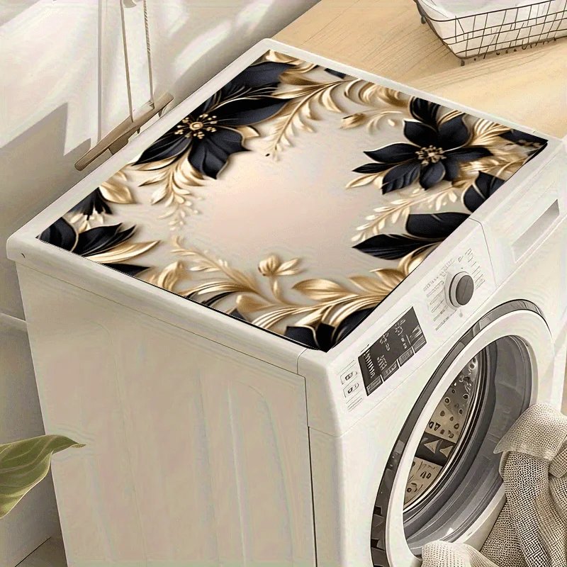 VIKAMA Premium Eleganz Gold & Schwarz Blumenmuster Waschmaschinenabdeckung - Schnelltrocknende Hitzebeständige Schutzmatte, Wohndekoration Image