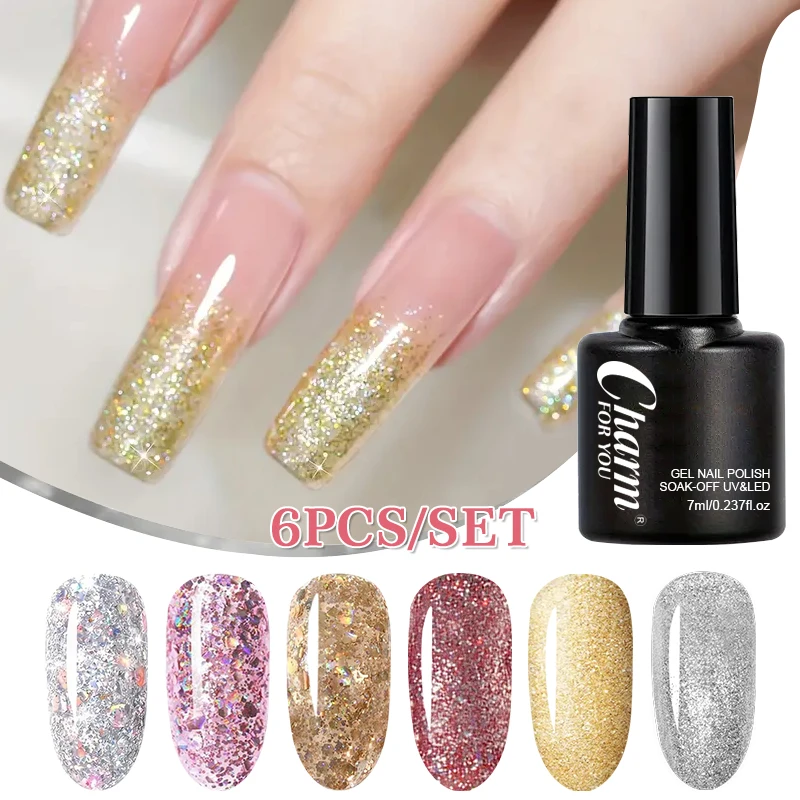 6 Stück Nagel-Gel-Lack 7ml Feenhafter Glitzer Diamant-Glanz Großartige Deckkraft Wunderschöne Farbe Abziehbarer UV-LED Semi-Permanent Nagel-Set Image