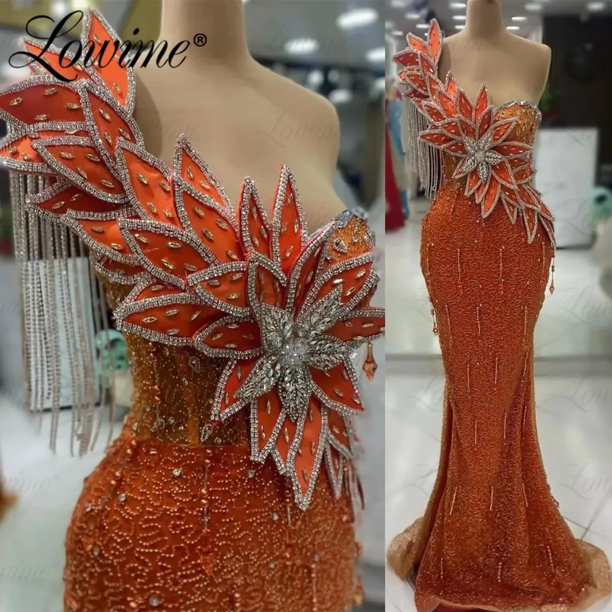 Orange Arabische Abendkleider Frau Elegante Aso Ebi Perlen Meerjungfrau Party Kleid Quaste Kristalle Lange Verlobungskleider Angepasst