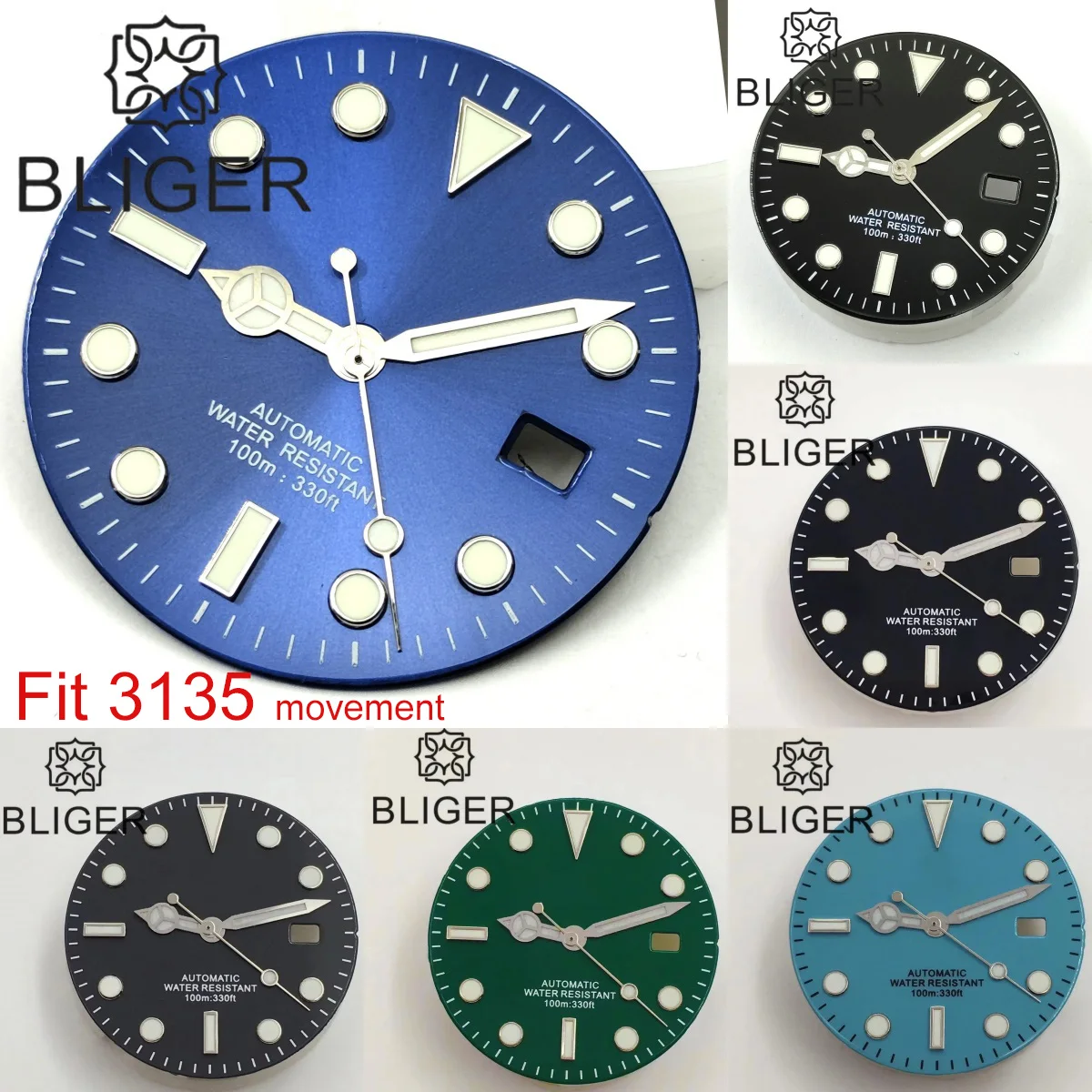 BLIGER 29 mm 3135 Uhrwerk, Zifferblatt und Zeiger, dunkelblau, grün, grau, schwarz, blaues Zifferblatt mit leuchtender Passform, 3135 Uhrwerkuhren Image