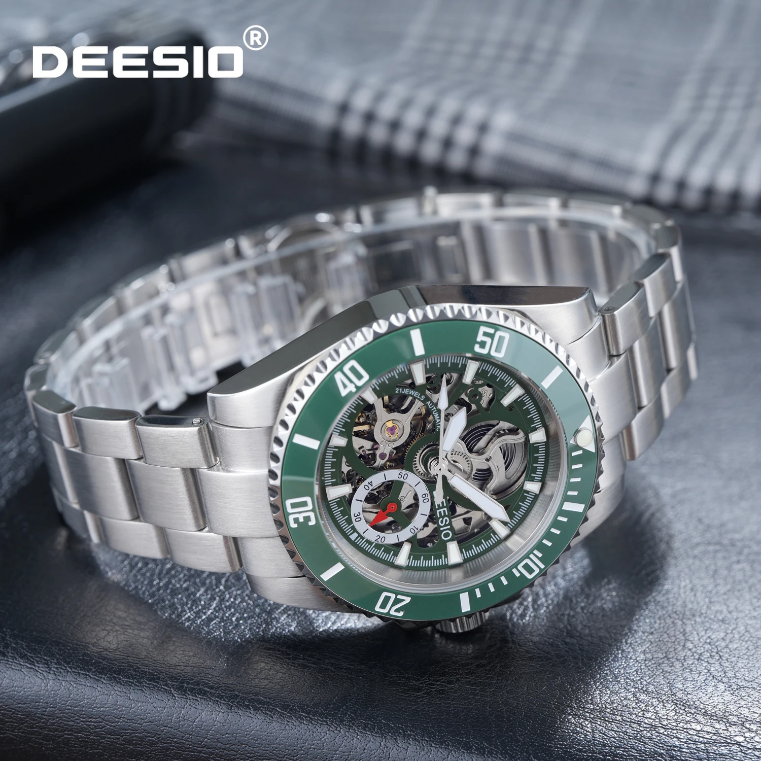 Deesio Automatische mechanische Uhr für Herren, Edelstahl, Skelett-Zifferblatt, leuchtend, wasserdicht, Business-Luxus-Armbanduhr, Herren-Geschenk Image
