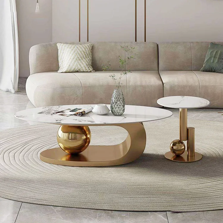 Moderner Luxus Goldener Couchtisch aus Gesintertem Stein, Ovales Kaffeetisch-Set für Wohnzimmer, Marmor-Couchtisch