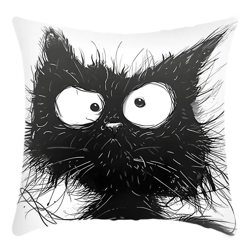 【Fluffy Cat】Schwarz-weißer, lustiger Cartoon-Kissenbezug, mit Reißverschluss und abnehmbar, waschbar, Kissenbezug für Zuhause und Wohnzimmer Image